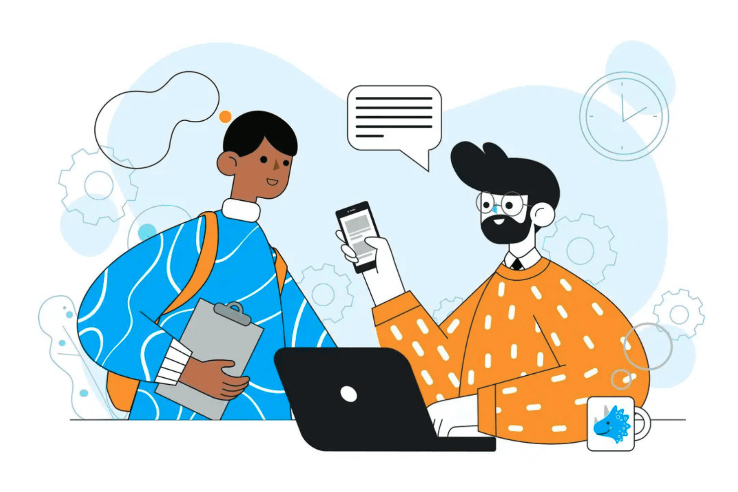 Two people reviewing job applications together
